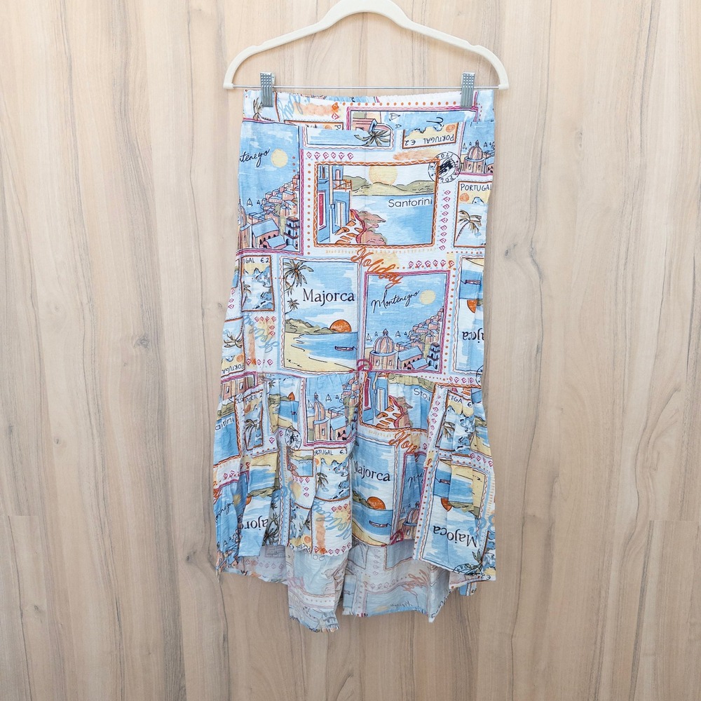 Mlle‎ Gabrielle Womens Skirt M Blue Postcard Print High Low Vacation Euro Summer